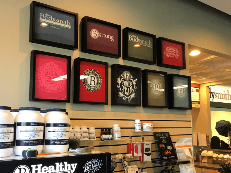 Shart T-Shirt Frame Retail Display at the Bodysmith.  The Shart T-Shirt frames are displayed horizontally and vertically.