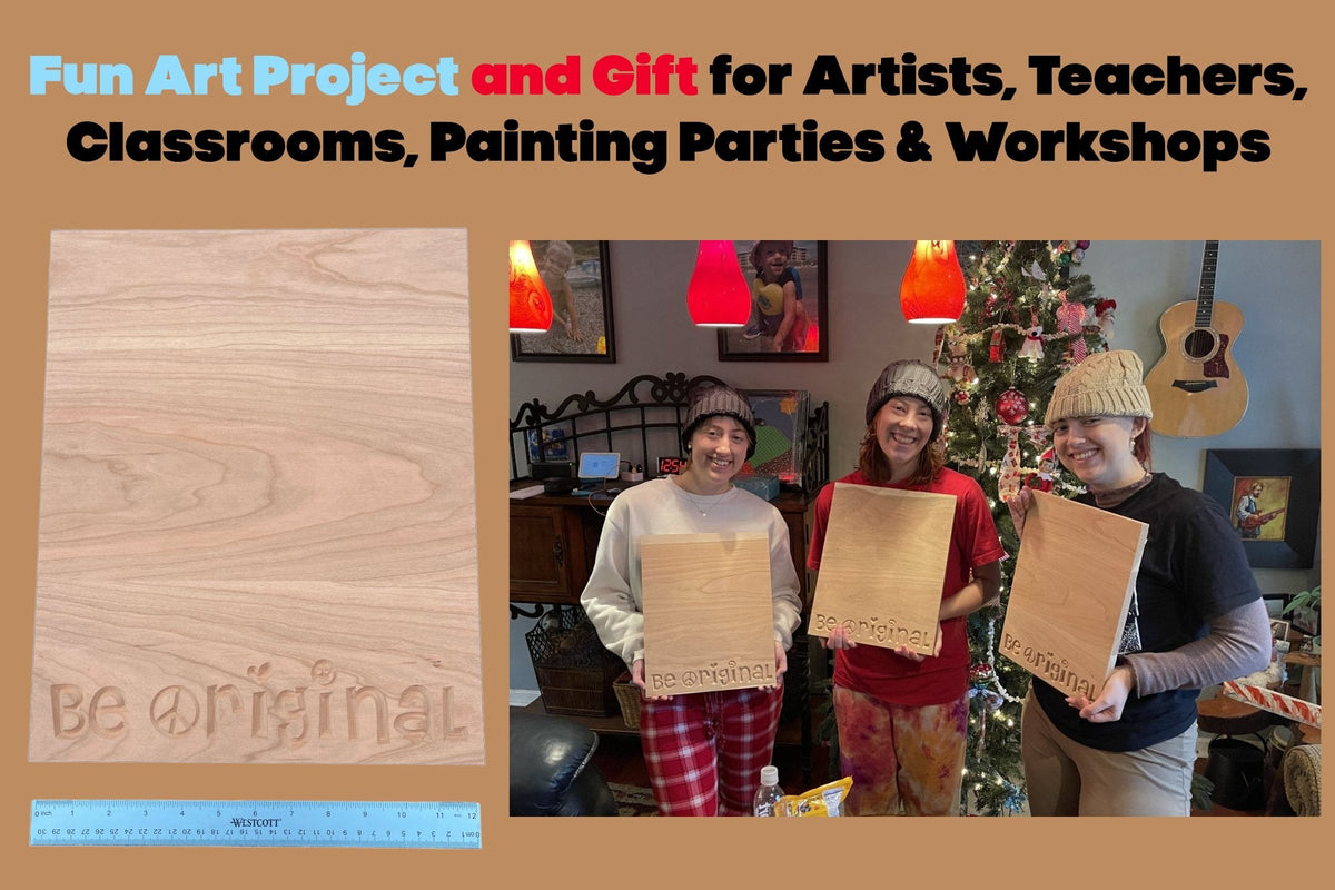 Three young girls holding up 3 Be Original® 12” x 15” Real Wood Paintable Panel and Art Gifts given to them as Christmas gifts.  Our paintable panels make a fun art project and gift for artists, teachers, classrooms, painting parties and workshops