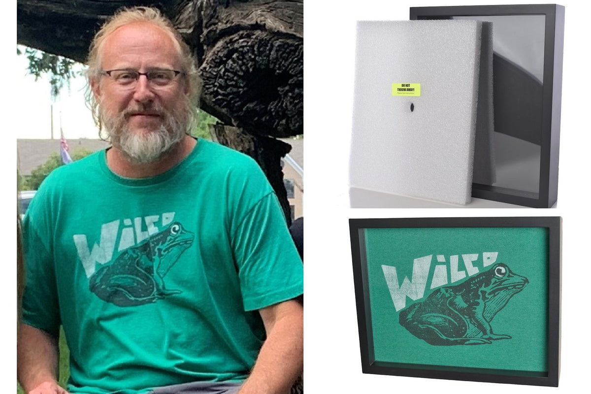 Collage including Sherman Shart wearing a Wilco tee shirt, a Shart® Original Tee Shirt Frame and the same Wilco tee Shirt framed and displayed in a Shart®