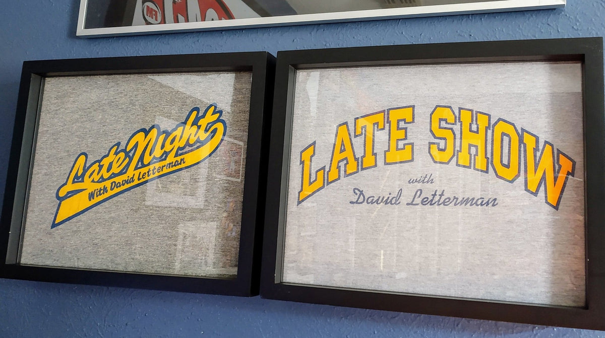 Late Night with David Letterman and Late Show with David Letterman Tee Shirts Framed and Displayed in Shart Original T-Shirt Frames