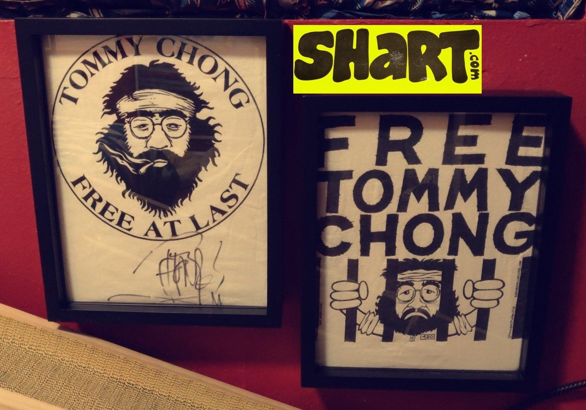 Free Tommy Chong and Signed Tommy Chong Free At Last Tee Shirts Framed and Displayed in Shart Original T-Shirt Frames.