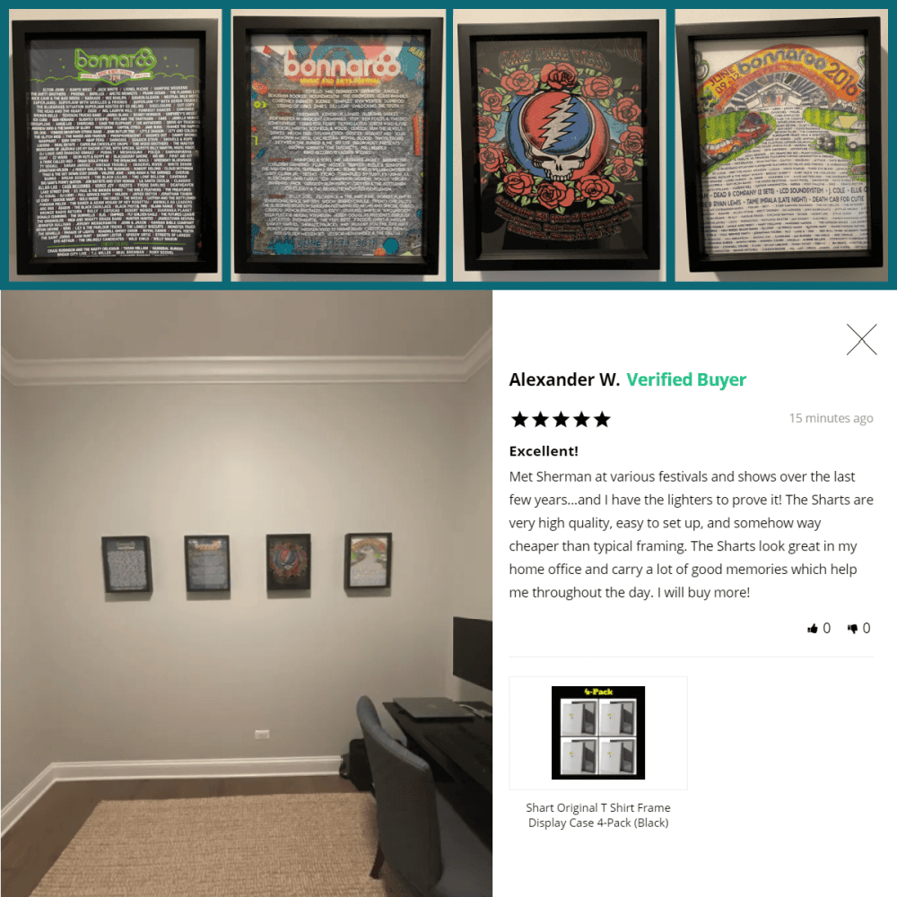 Three Bonnaroo and One Grateful Dead Tee Shirt Framed and Displayed in Shart Original T-Shirt Frames with a Five Star Review