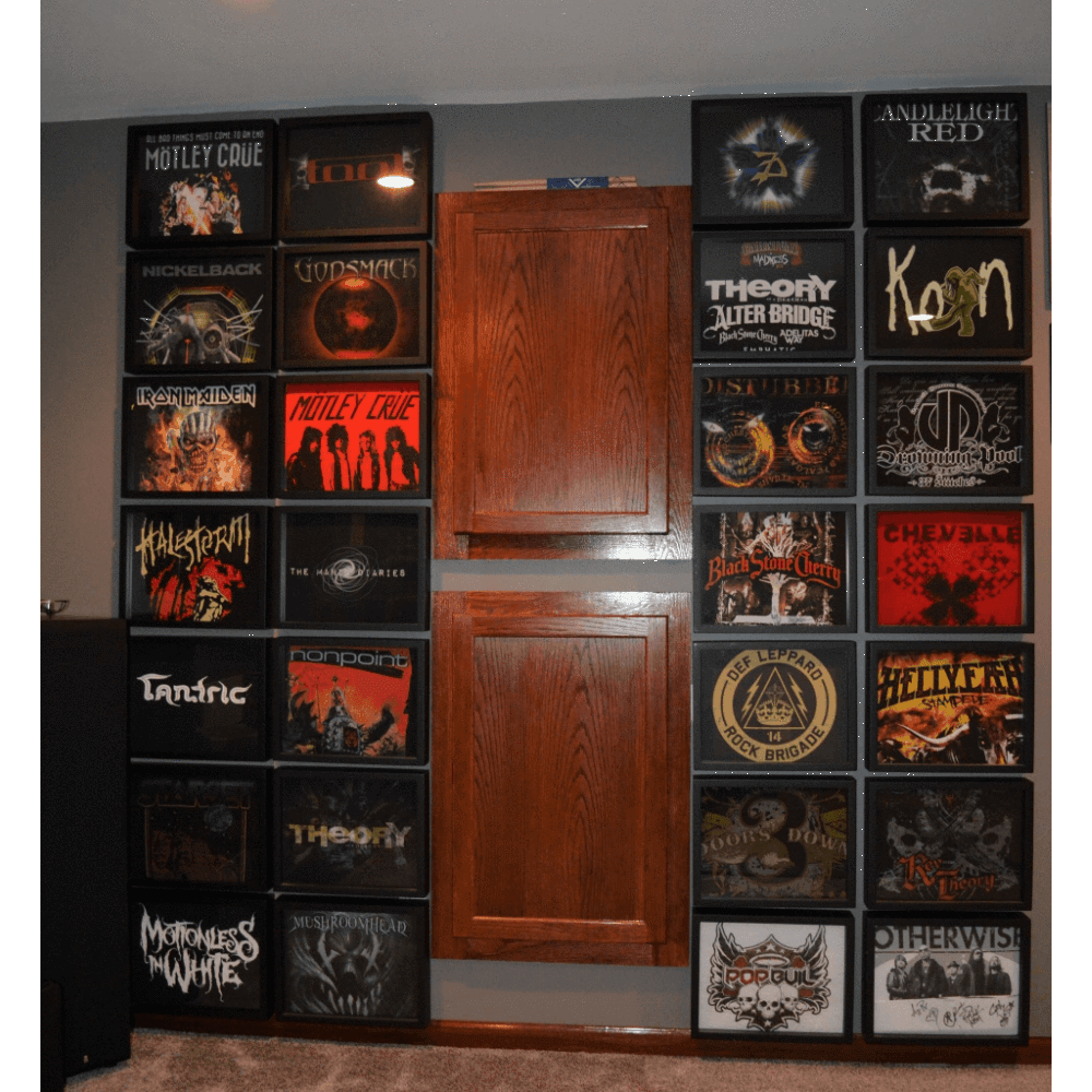 28 Heavy Metal and Classic Rock Tee Shirts Framed and Displayed in Shart Original T-Shirt Frames