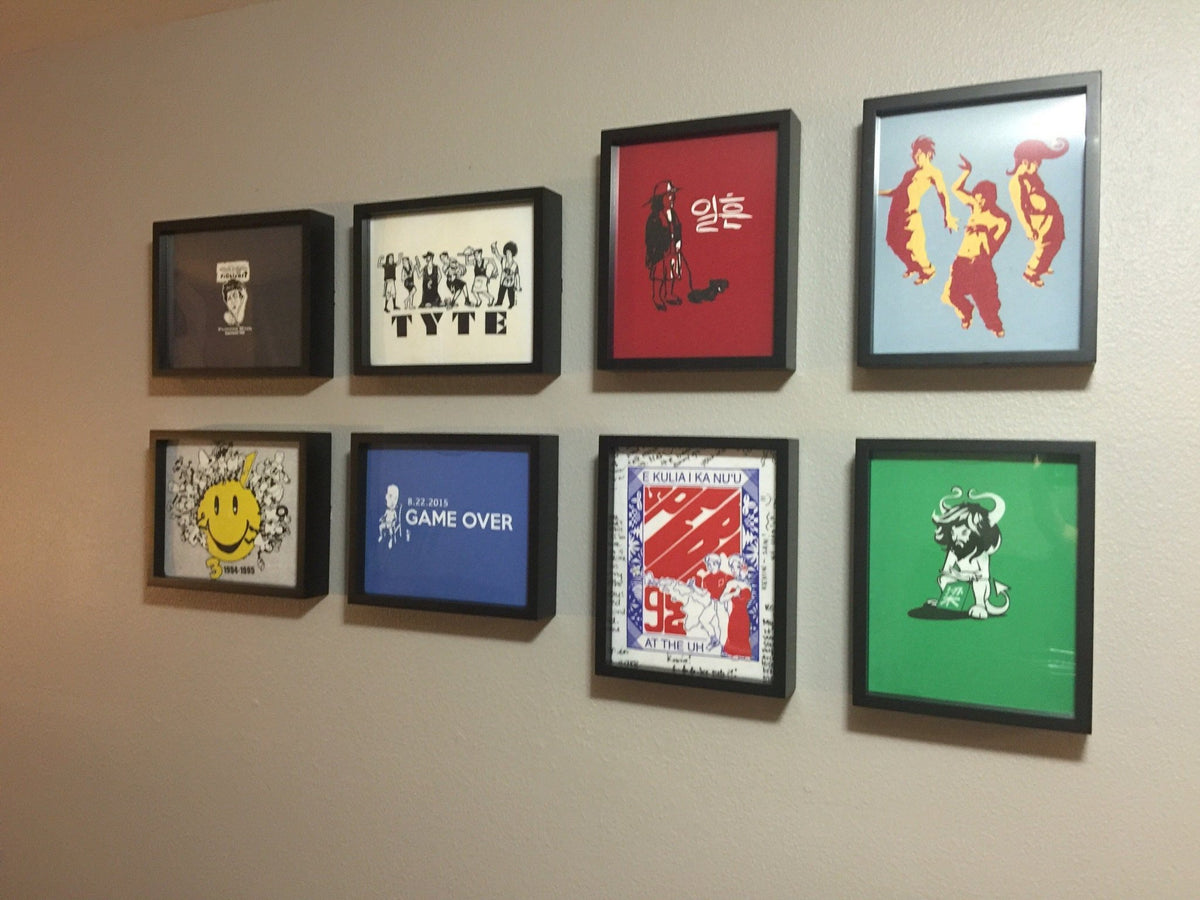 8 Gaming and Anime Tee Shirts Framed and Displayed in Shart Original T-Shirt Frames