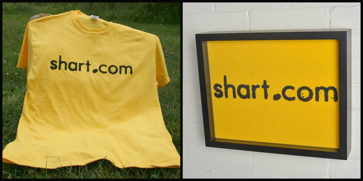 Shart.com Tee Shirt next to a Shart.com Tee Shirt Framed and Displayed in a Shart Original T-Shirt Frame Display Case (Black) 11x14