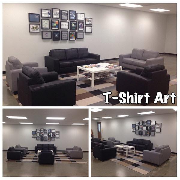 19 Tee Shirts Framed and Displayed in Shart Original T-shirt Frames as Office Lobby Decoration.
