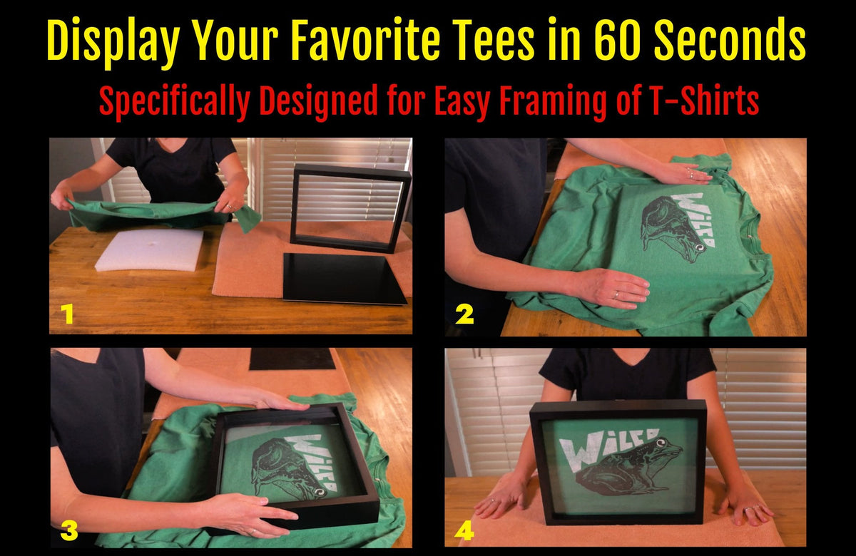 Four images showing the steps for framing and displaying your favorite tees in 60 seconds using the Shart® T-Shirt Frame
